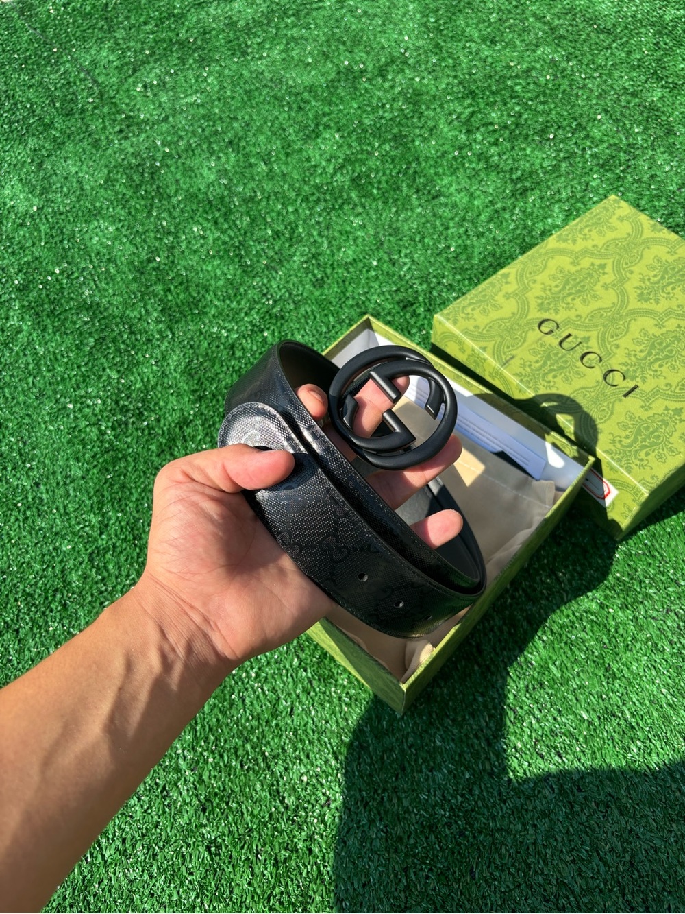 Gucci Black Textured Leather Belt with Matte Black Double G Buckle